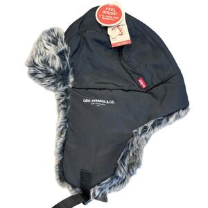 Levi Strauss & Co Trapper Hat Men S/M Black NWT Faux Fur Lined Aviator Bomber